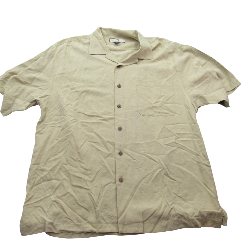 Tommy Bahama Mens Large Silk Camp Shirt Tan Embroidered Sailboat Sails Call L